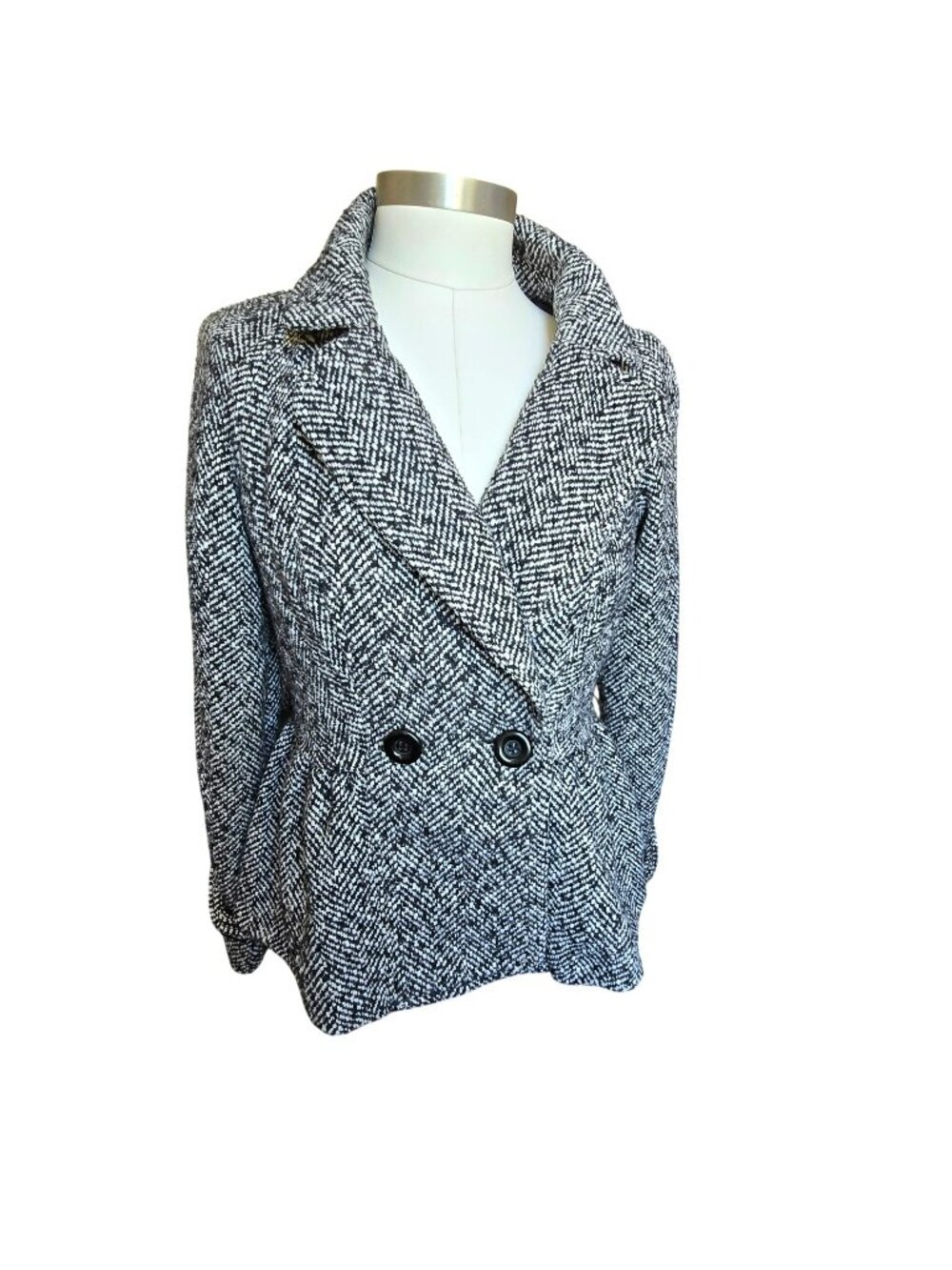 Womans Jacket Black White Herringbone Double-Breasted Peacoat Size L JJ4367